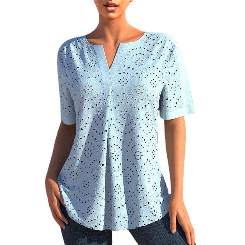 Women's Embroidered Hollow Out V-neck Short-sleeved T-shirt Top