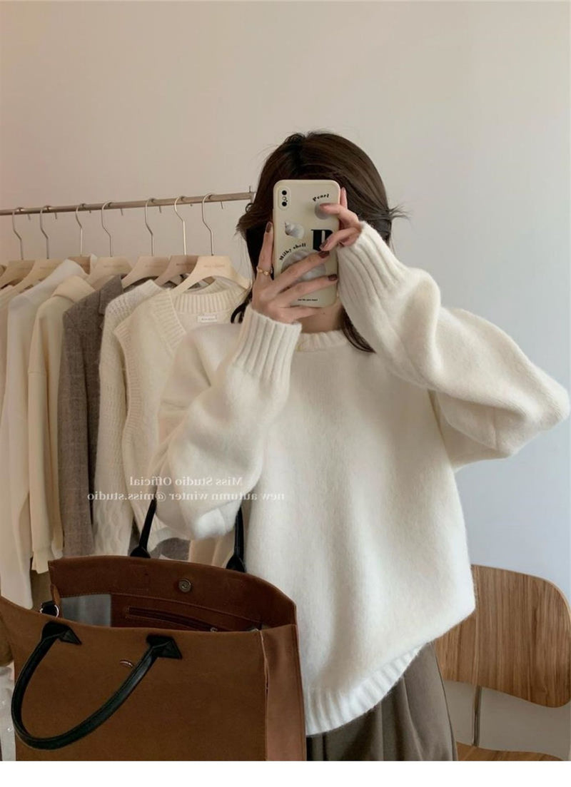 Lazy Style Solid Color Versatile Outer Wear Wool Knit Sweater