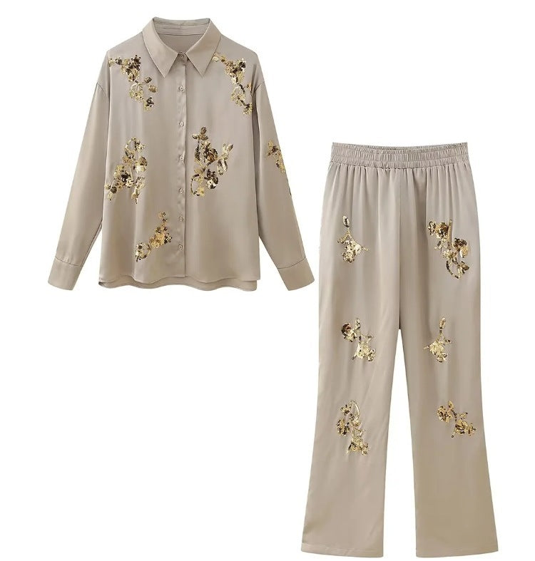 Women's Embroidered Beads Long Sleeve Trousers Suit