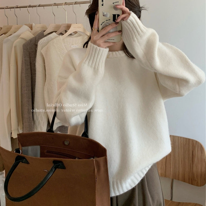 Lazy Style Solid Color Versatile Outer Wear Wool Knit Sweater