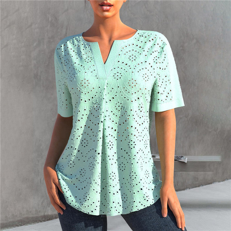 Women's Embroidered Hollow Out V-neck Short-sleeved T-shirt Top