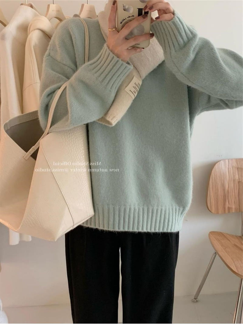 Lazy Style Solid Color Versatile Outer Wear Wool Knit Sweater