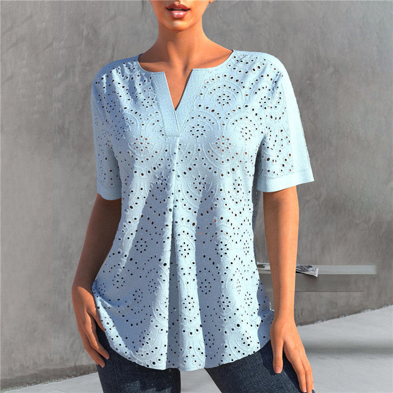 Women's Embroidered Hollow Out V-neck Short-sleeved T-shirt Top