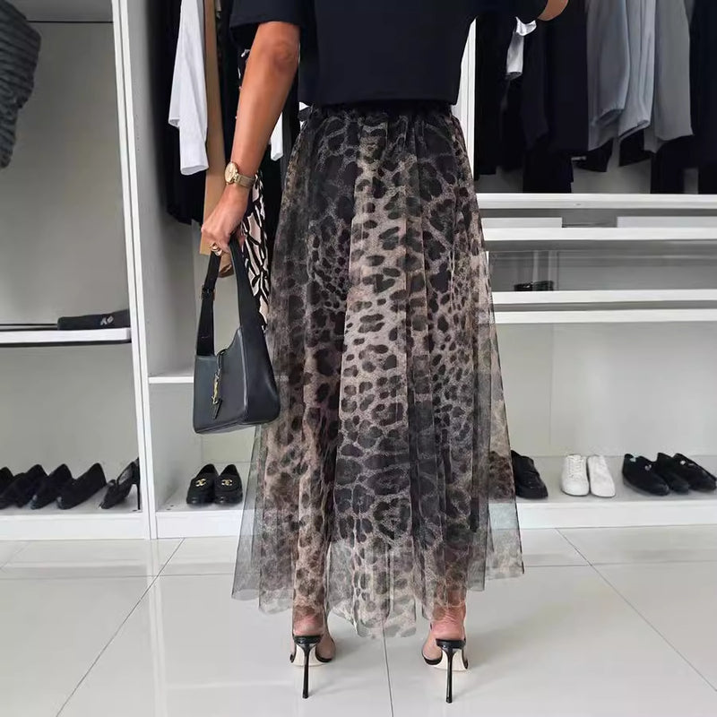 Leopard Print Elastic Waist Big Swing Chiffon Skirt