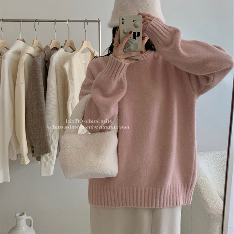 Lazy Style Solid Color Versatile Outer Wear Wool Knit Sweater