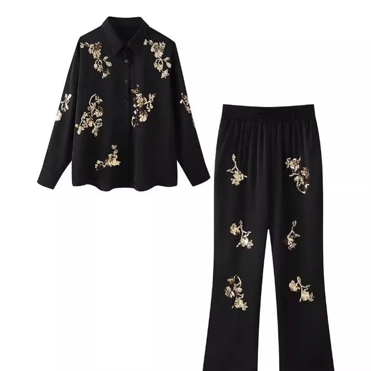 Women's Embroidered Beads Long Sleeve Trousers Suit