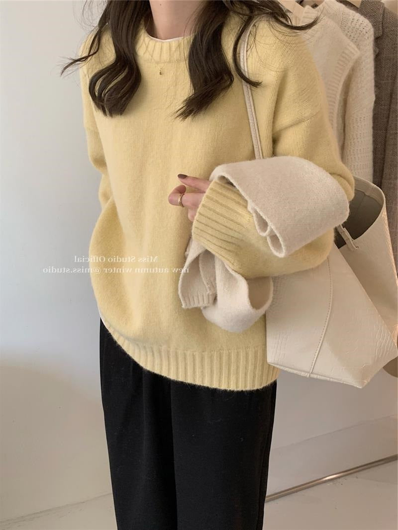 Lazy Style Solid Color Versatile Outer Wear Wool Knit Sweater