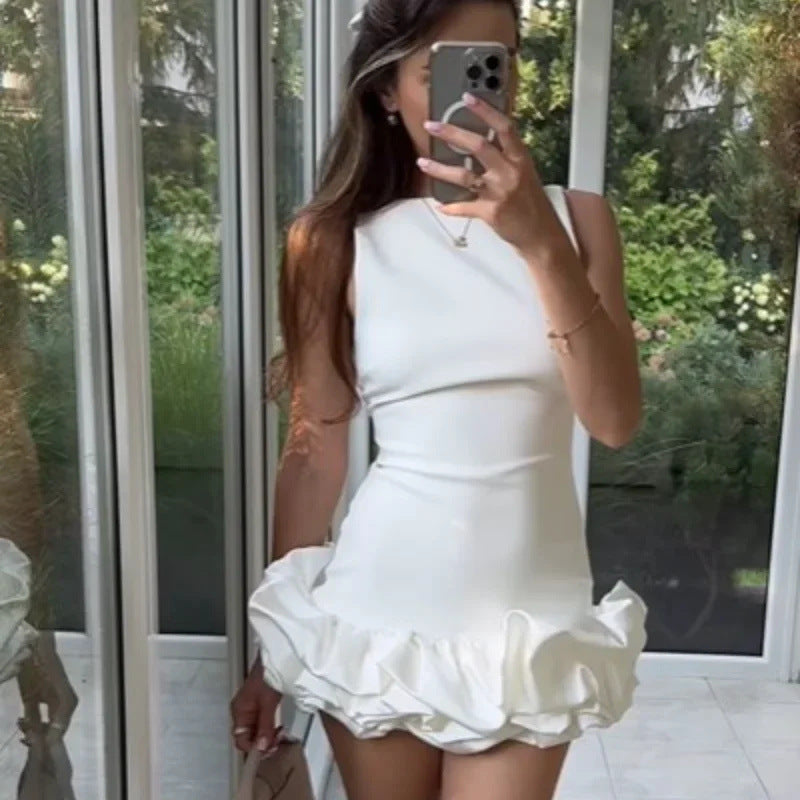 Women's Fashion White Short Frill Dress